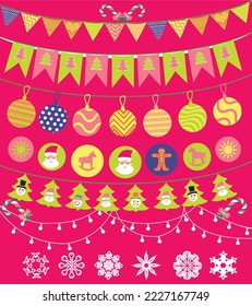 Vektorgrafik sammelt Grenzen von Weihnachtsbällen, Bonbons, Lichter, Banting und Garland. 