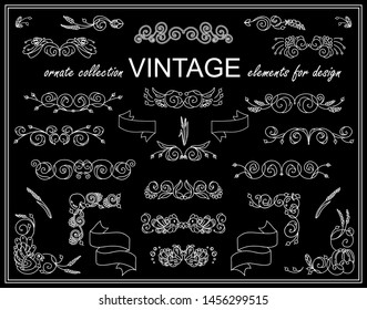 Vector collection of borders or dividers, chalkboard style, black and white colors. Vintage elements for design, consist from flowers, branches, leaves, birds, wheat and berries
