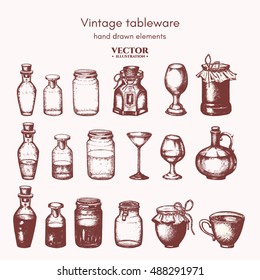 Vector collection bottles and jars ink hand drawn. Bottles vintage decorative glass canning jars isolated on white vector illustration 