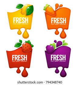 vector collection of bright  frames  stickers, emblems and banners for vegetables, fruits and berry fresh juice