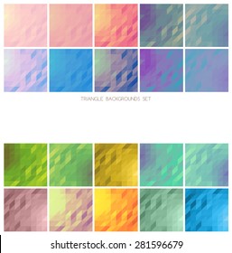Vector collection of bright and gentle geometric square backgrounds of triangles, set of 20