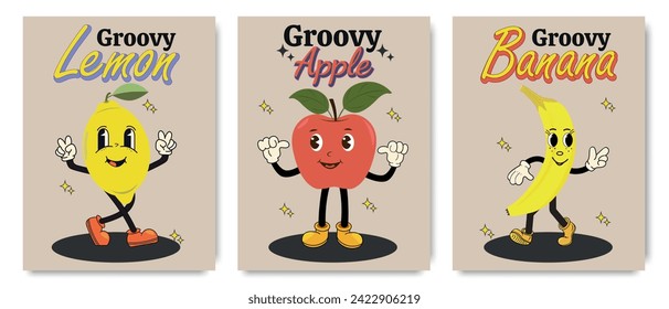 Vector collection of bright, groovy 70s posters. Retro posters with funny cartoon characters. Cartoon lemon, apple and banana in a groovy style.