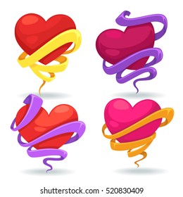 vector collection of bright hearts, tape and ribbons