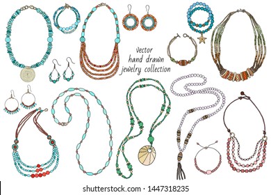 Vector collection of bright jewelry boho chic: necklace, earrings, bracelets, beads. Hand drawn