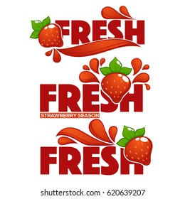 vector collection of bright and shine logo, stickers, emblems and banners for strawberry fresh juice