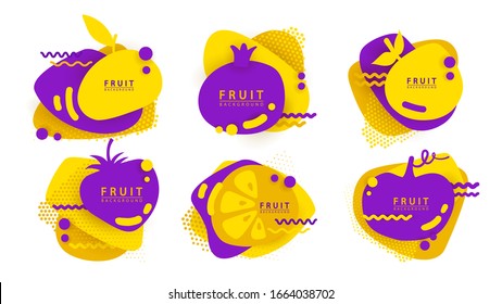 Vector collection of bright and shine stickers Fruit tags set vector modern badges template for Super Sale special offer Fruit banner. Sale Fruits banner modern template design. Summer banner set.