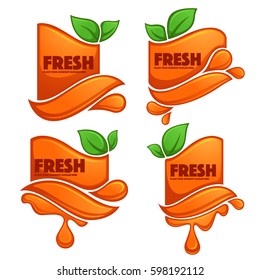 vector collection of bright and shine  stickers, emblems and banners for orange fresh juice