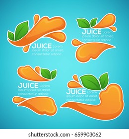 vector collection of bright and shine stickers, emblems and banners for orange fresh juice on blue background