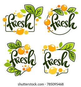 vector collection of bright   stickers, emblems logo and labels for lemon and orange fresh citrus juice with lettering composition