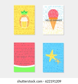 Vector collection of bright summer poster. Ice cream, watermelon, pineapple juice and starfish on dots background. Journal cards.