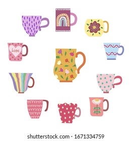 Vector collection of bright vintage mugs. Drawn by hands with a naive Scandinavian style. Pastel colors, pink, blue, gray. For design of surfaces, prints, wrapping paper, fabric