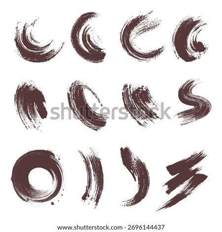 Vector collection of brown grunge brush strokes and abstract paint textures isolated on white background, artistic ink brush marks, dry paint smears and modern design elements for decoration
