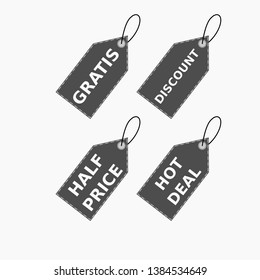 Vector collection of brown sale tags with text - Gratis, discount, half price, hot deal. Labels for banners and posters design. Isolated from the background