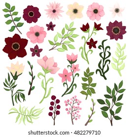 Vector Collection with Burgundy, Pink and Yellow Flowers, Berries, Tree Branches and Green Leaves