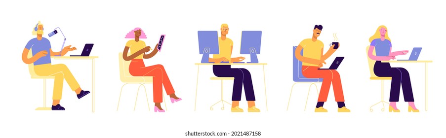 Vector collection of business characters and modern professions.  Working in the office. Illustrations in flat style, isolated on white