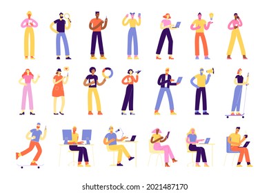 Vector collection of business characters and modern professions. Programmers, designers, marketers, SEO and SMM specialists. People in full growth. Illustrations in flat style, isolated on white