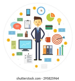 Vector collection business icons with businessman character. Flat icon set