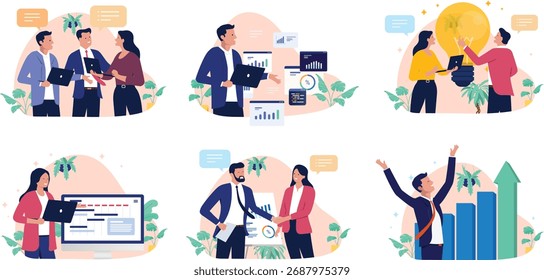 Vector collection of business illustrations showing teamwork, data analysis, new ideas, project management, partnership, and success in a flat design illustration style isolated on white background