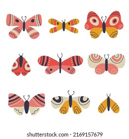 Vector collection of butterflies in boho style.