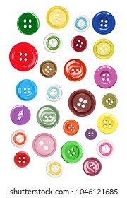 Vector collection of buttons for clothes, art and crafts in various bright colors and sizes on white backgroun. Fashion and needlework.