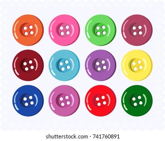 Vector collection of buttons for clothes, art and crafts in various bright colors. Fashion and needlework.