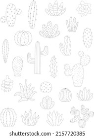 Vector collection of cacti silhouette. Hand-drawn illustration of a cactus in scandinavian style. Summer set for decor, nursery, card, home, interior, print, textile, poster, children, baby