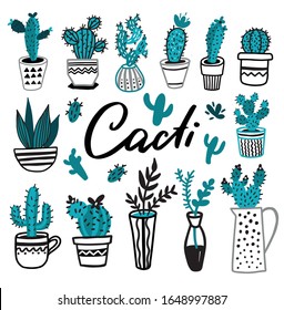 Vector collection of cactus. Hand drawn set cartoon Illustration.