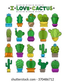 Vector collection cactuses.Graphic set of cute florals.