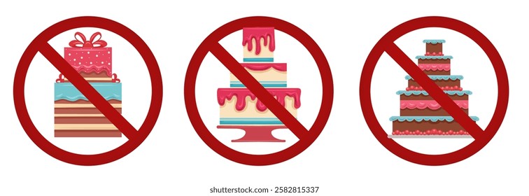 Vector collection with cakes in prohibition signs. Allergy danger. Sugar-free diet. Set of sweets in forbidden signs.