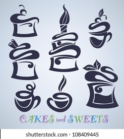 vector collection of cakes, sweets and drinks silhouettes