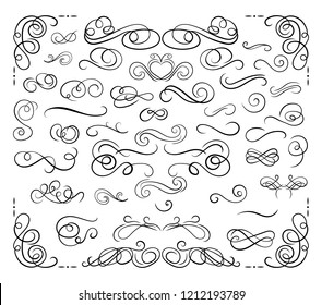 Vector Collection of Calligraphic Design Elements, Swirls Set, Black Lines Isolated on White Background.