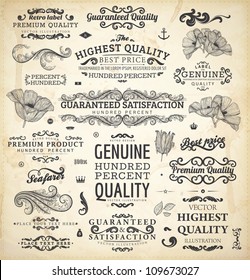 vector collection: calligraphic vintage design elements set and page decorations, classical ornaments | Premium Quality, Genuine and Satisfaction, Guaranteed Labels with engraving flowers and leafs