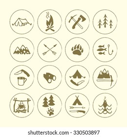 Vector collection of camping emblems. Beautiful adventure vector graphic set with round layouts. Hand drawn icons, badges and labels design elements.