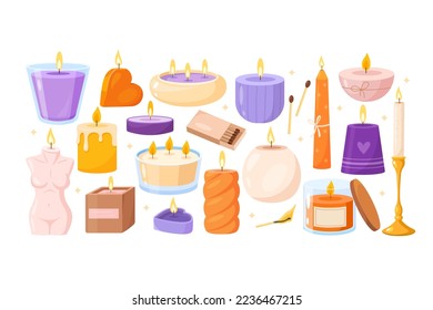 Vector collection of candles with fire flame