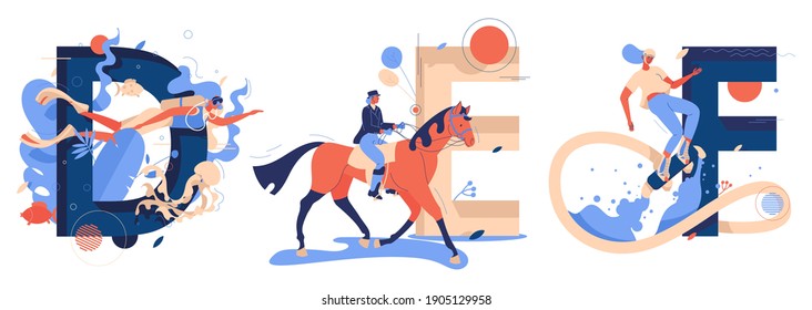 Vector collection with capital letters D for diving,  D for equestrian and F for flyboarding sport. Women riding horse, swims underwater, flies under the sea drawn in blue and orange