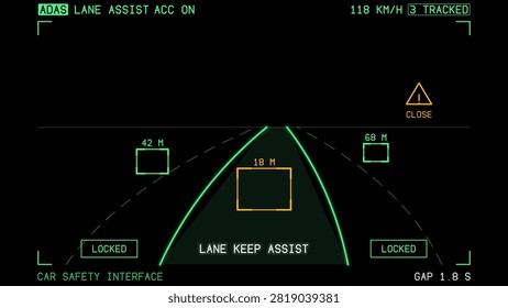 vector collection of car dashboard panel indicators, yellow red. Car lane detection ADAS interface on black with curving lane rails and tracked vehicle boxes, 16:9 driver assist screen template