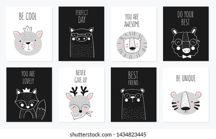 Vector collection of cards cute hand drawn animals and slogan. Banner with adorable objects on background. Valentine's day, anniversary, save the date, baby shower, bridal, birthday, decoration