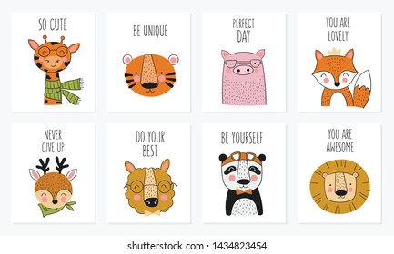 Vector collection of cards cute hand drawn animals and slogan. Banner with adorable objects on background. Valentine's day, anniversary, save the date, baby shower, bridal, birthday, decoration