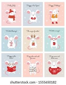 Vector collection of cards with hand drawing cute winter rats in cozy clothes. Creative banner with funny mouse for New 2020 Year. Symbol the Chinese calendar. Doodle illustration. Winter holidays