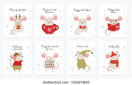 Vector collection of cards with hand drawing cute winter rats in cozy clothes. Creative poster with funny mice for New 2020 Year. Symbol the Chinese calendar. Doodle illustration. Winter holidays