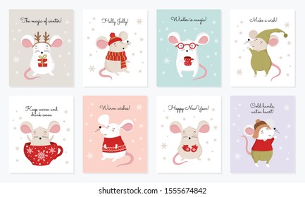 Vector collection of cards with hand drawing cute winter rats in cozy clothes. Creative poster with funny mice for New 2020 Year. Symbol the Chinese calendar. Doodle illustration. Winter holidays