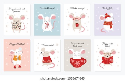 Vector collection of cards with hand drawing cute winter rats in cozy clothes. Creative poster with funny mice for New 2020 Year. Symbol the Chinese calendar. Doodle illustration. Winter holidays