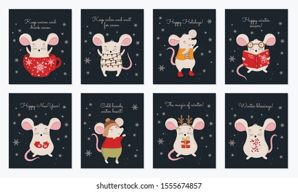 Vector collection of cards with hand drawing cute winter rats in cozy clothes. Creative poster with funny mice for New 2020 Year. Symbol the Chinese calendar. Doodle illustration. Winter holidays