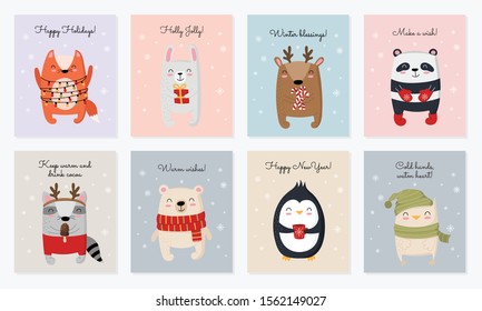Vector collection of cards with hand drawing cute winter animals and slogan. Creative postcard set for New 2020 Year. Cartoon doodle isolated illustration. Winter holidays