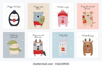 Vector collection of cards with hand drawing cute winter animals and slogan. Creative postcard set for New 2020 Year. Cartoon doodle isolated illustration. Winter holidays
