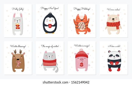 Vector collection of cards with hand drawing cute winter animals and slogan. Creative postcard set for New 2020 Year. Cartoon doodle isolated illustration. Winter holidays