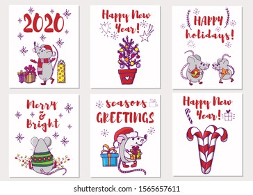 Vector collection of cards with hand drawing cute rats, New Year decor and greeting lettering. Creative greeting card for the new year 2020. Cartoon doodle isolated illustration. Winter holiday.