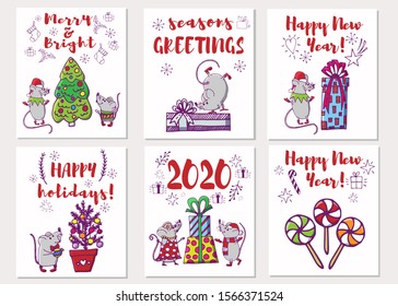 Vector collection of cards with hand drawing cute rats, New Year decor and greeting lettering. Creative greeting card for the new year 2020. Cartoon doodle isolated illustration. Winter holiday.