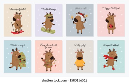 Vector collection of cards with hand drawing cute winter deer and slogan. Creative postcard set for New 2020 Year with reindeer. Cartoon doodle isolated illustration. Winter holidays