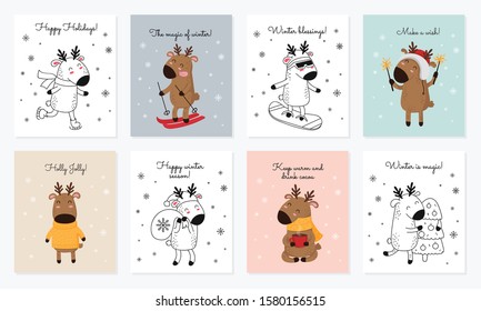 Vector collection of cards with hand drawing cute winter deer and slogan. Creative postcard set for New 2020 Year with reindeer. Cartoon doodle isolated illustration. Winter holidays